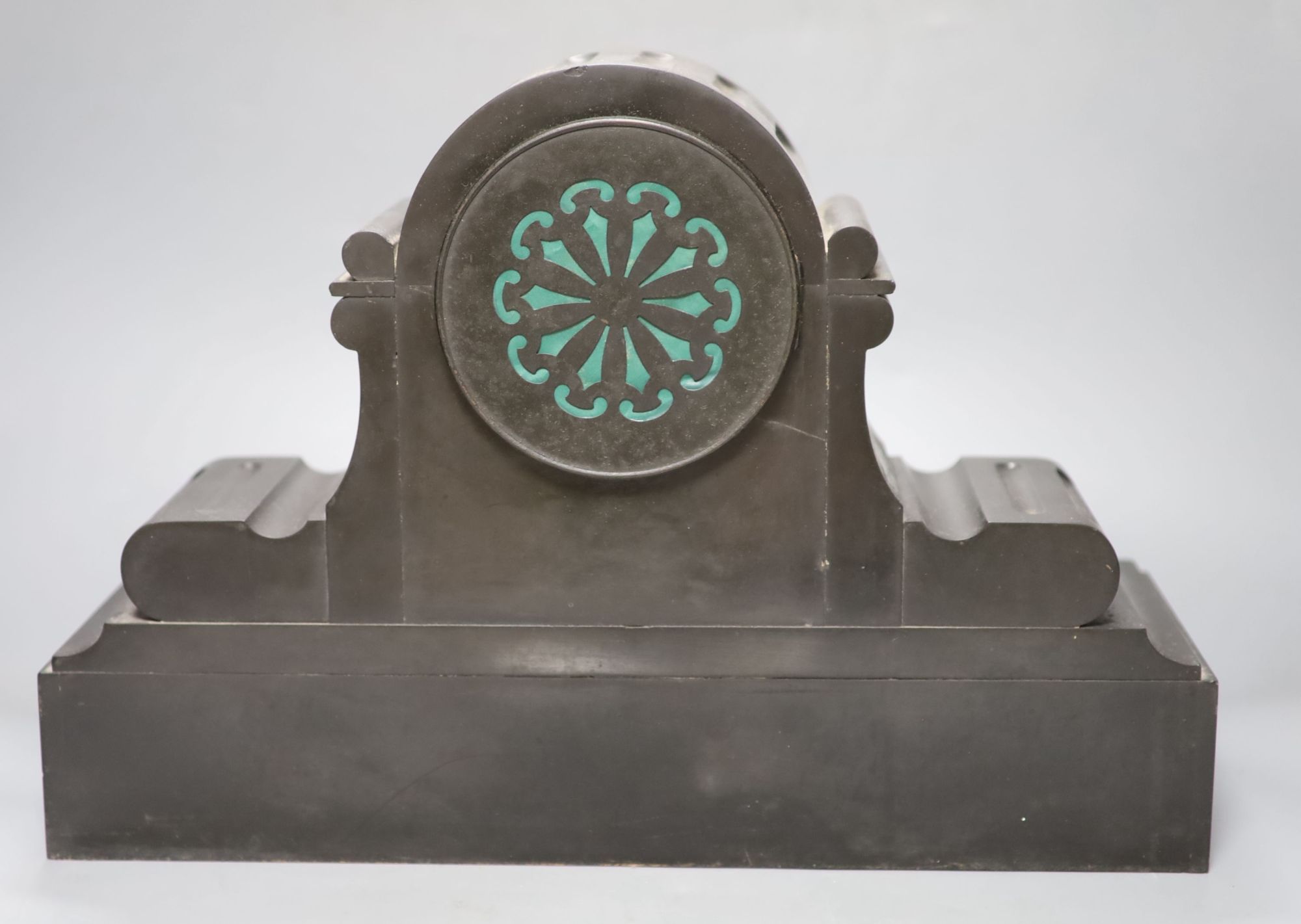 A Victorian black marble and inlaid malachite eight day mantel clock, plaque reads Presented to Mr Wintermorgan by the employees of